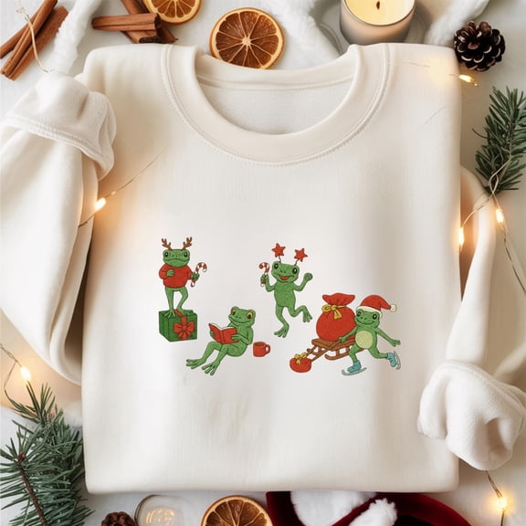 Cute Frog Christmas Embroidered Sweatshirt, Christmas Animal Sweater, Frog Christmas Tree Shirt, Women Christmas Shirt, Frog Lover Shirt