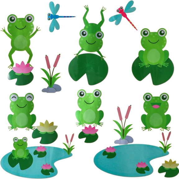 Cute Frog Decals Wall Stickers Jumping Frogs with Dragonflies and Lotus - Pond Friends Frog Window Sticker Set Individual Peel and Stick Graphics (25.5 in W x 10.6 in H) Sticker Sheet Nursery Decor