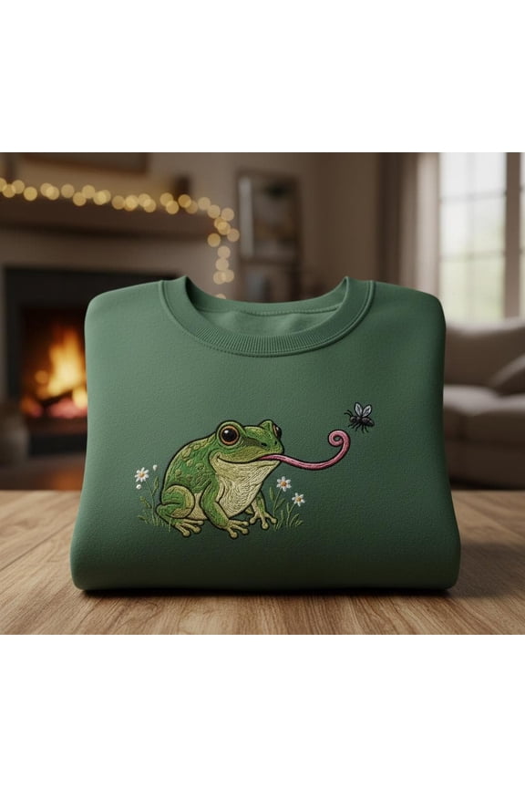 Cute Frog Embroidered Sweatshirt with Fly Detail, Nature Animal Pullover, Cozy Green Sweater Gift for Frog Lovers