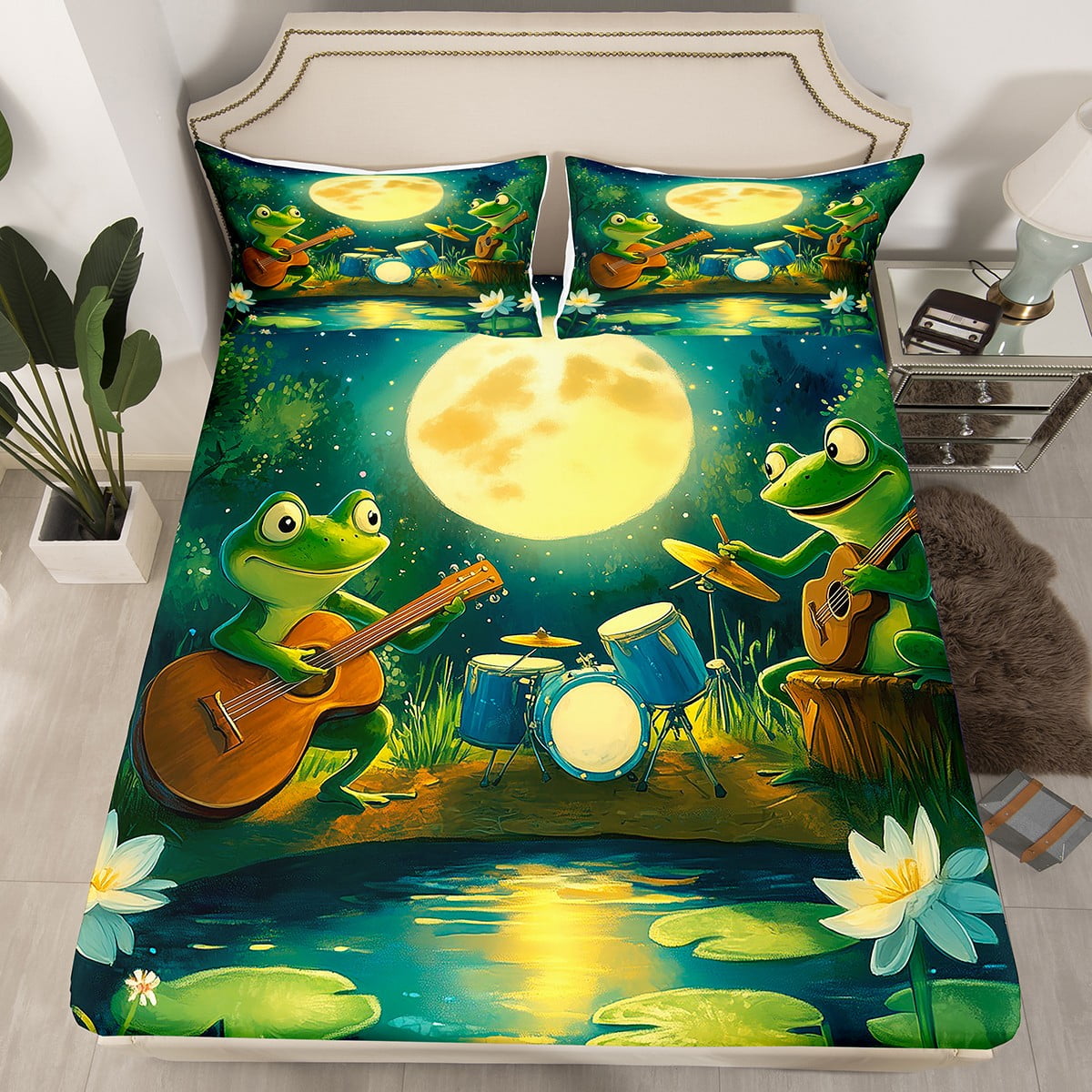 Cute Frog Fitted Sheet Full Size Musical Instrument Guitar Bedding Set ...