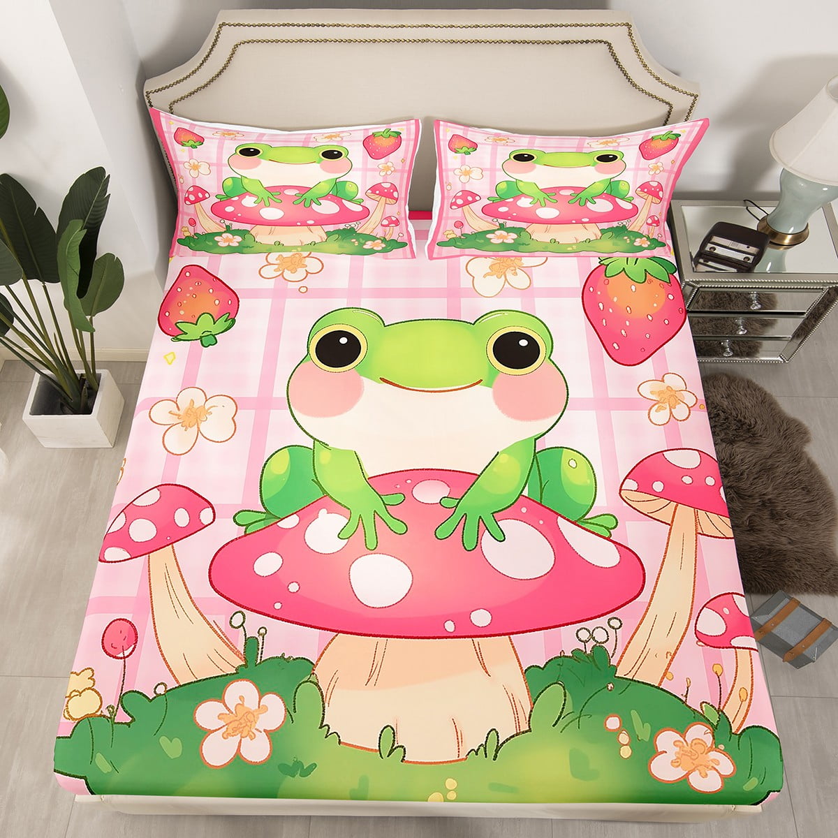 Cute Frog Fitted Sheet Twin Size Cartoon Dots Mushroom Bedding Set ...