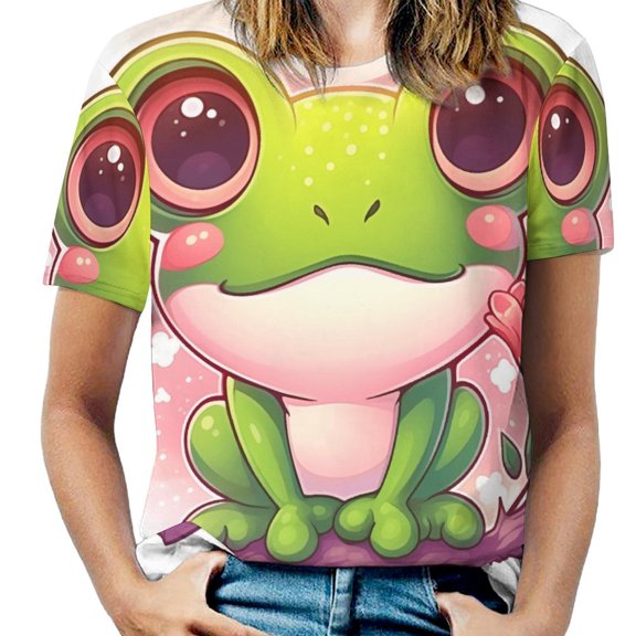 Cute Frog Floral Art Womens Tops Women's Fashion Casual Short Sleeve Flower Print Round Neck Pullover Top Blouse