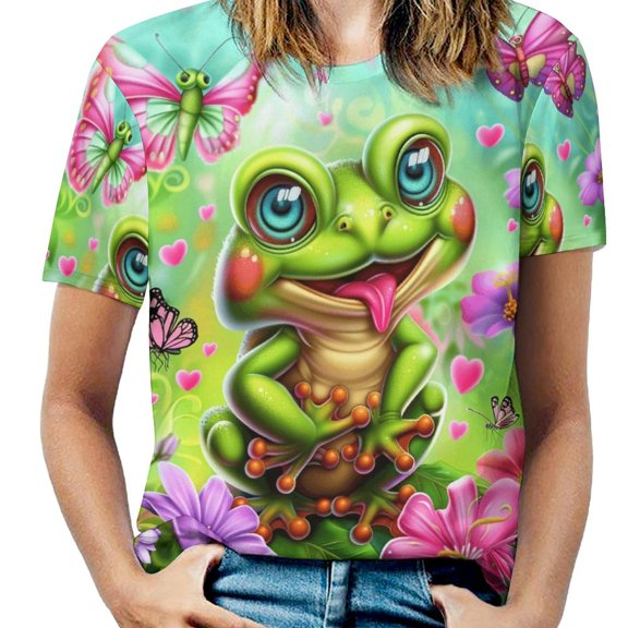 Cute Frog Floral Fantasy Womens Tops Women's Fashion Casual Short Sleeve Flower Print Round Neck Pullover Top Blouse
