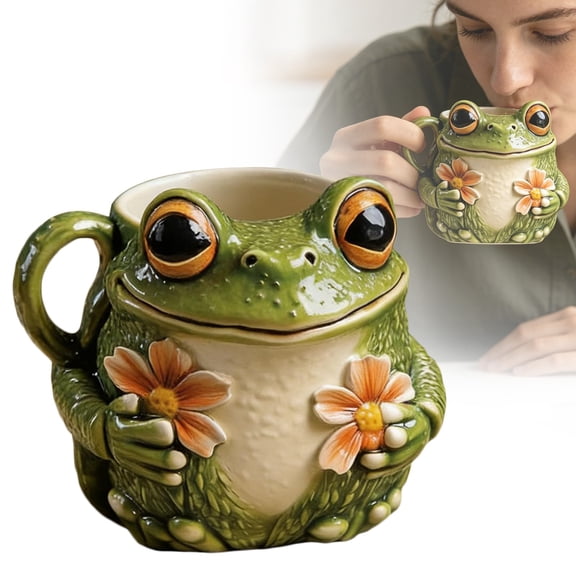 Cute Frog Flower Mug, Funny Pastoral Style Frog Ceramic Coffee Mug With Flower, Novelty Nature Animal Shaped Ornament For Kitchen & Dining Room, Creative Gift for Animal Lovers (1 PC)
