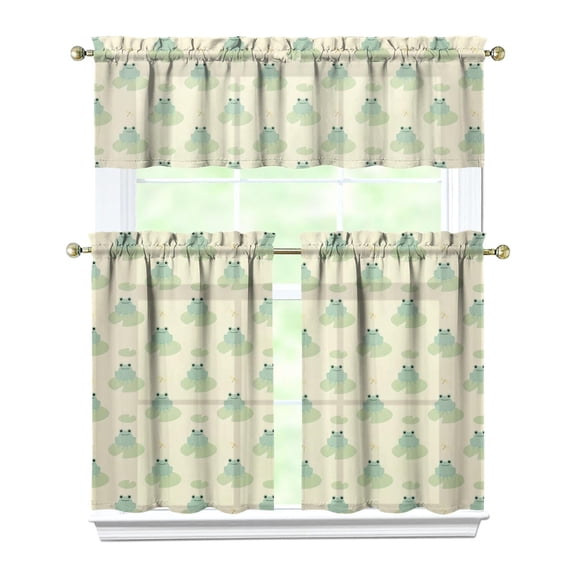 Cute Frog & Flower Print Kitchen Curtains 3-Piece Set - Green Forest Nature Theme Rod Pocket Curtains with Valance, Farmhouse Tier Window Treatments for Kitchen/Bathroom