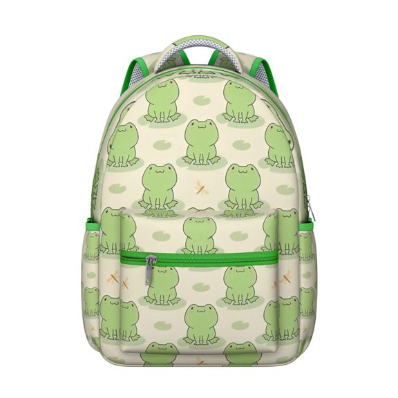 Cute Frog & Flower Print School Backpack - Waterproof Ergonomic Daypack for Students, Breathable Padded Straps & Spacious Compartments for Laptop and Supplies
