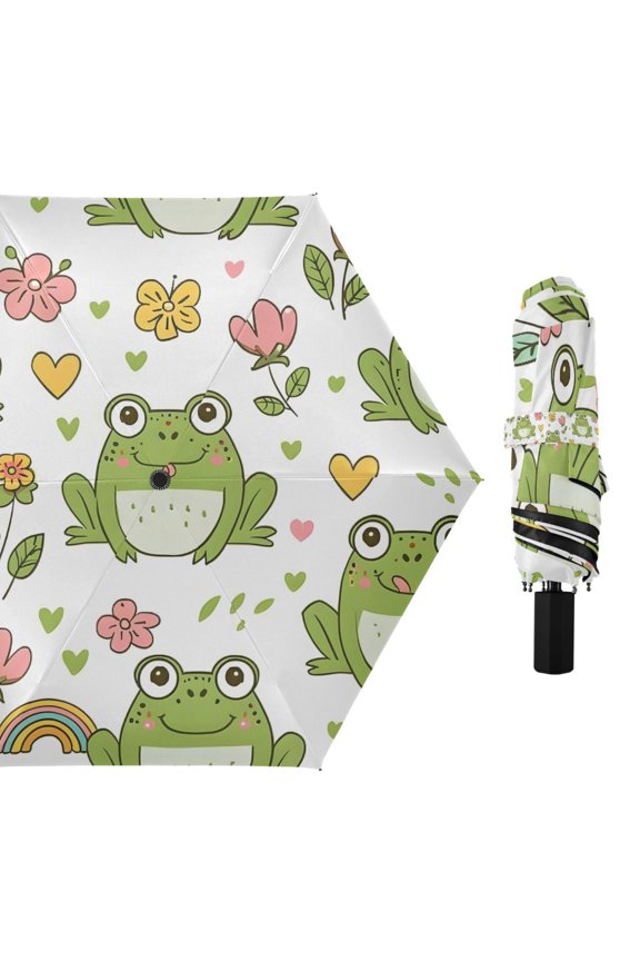 Cute Frog Flower Rainbow Compact Sun Umbrella Windproof Travel Umbrellas for Rain Strong Portable UV Protection