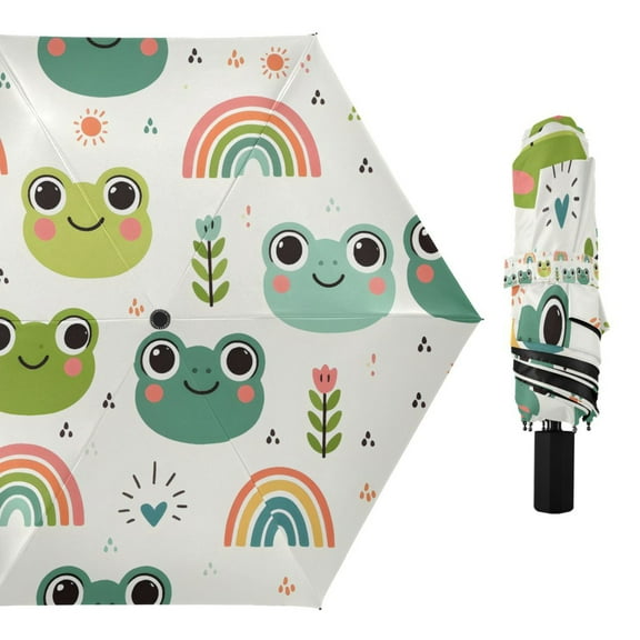 Cute Frog Head and Rainbow Compact Sun Umbrella Windproof Travel Umbrellas for Rain Strong Portable UV Protection