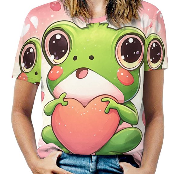 Cute Frog Heart Valentine Womens Tops Women's Fashion Casual Short Sleeve Flower Print Round Neck Pullover Top Blouse