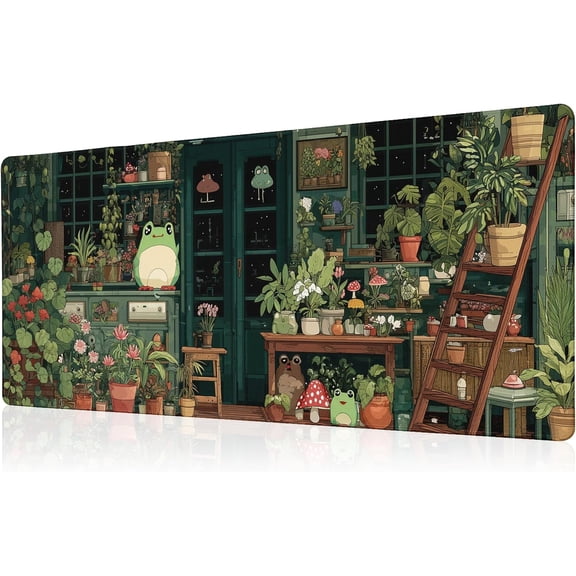 Cute Frog Kawaii Green Mouse Pad Desk Mat XL Extended Large Gaming Desk Pad Mousepad, Green Plant Computer Laptop Keyboard and Mouse Mat, Desktop Protector Mat for Office and Home 31.5x11.8 in