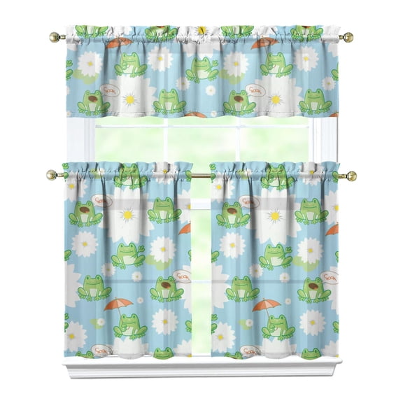 Cute Frog Kitchen Curtains 3-Piece Set - Nature Forest Green Frog Cartoon Print, Rod Pocket Window Treatment Panels with Valance & Tier Curtains