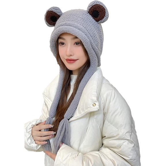 Cute Frog Knitted Beanie for Adults, Big Eye Winter Ear Warmer Hat with Fleece Lining, Warm Ski Cap for Outdoor Autumn-grey-medium