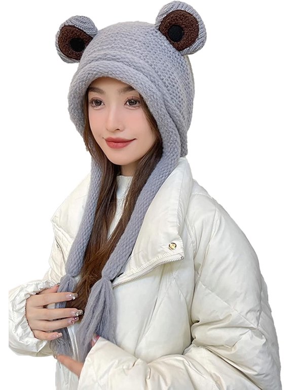 Cute Frog Knitted Beanie for Adults, Big Eye Winter Ear Warmer Hat with Fleece Lining, Warm Ski Cap for Outdoor Autumn-grey-medium