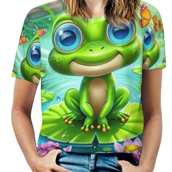 Cute Frog Lotus Pond-1 Women's Short Sleeve Tops Casual Blouses T Shirt