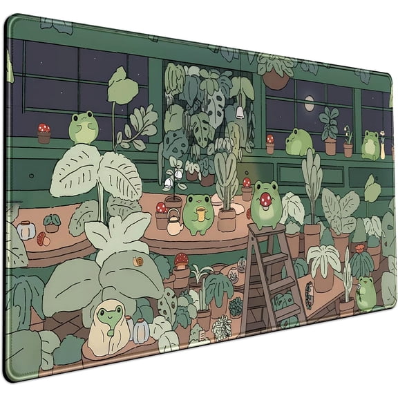 Cute Frog Mouse Pad Desk Pad Kawaii Green Desk Decor Mat, Large Gaming Mouse Pad for Desk Computer Keyboard Laptop, Home Office Accessories for Girl (31.5x15.7 in)-with Stitched Eges Pad