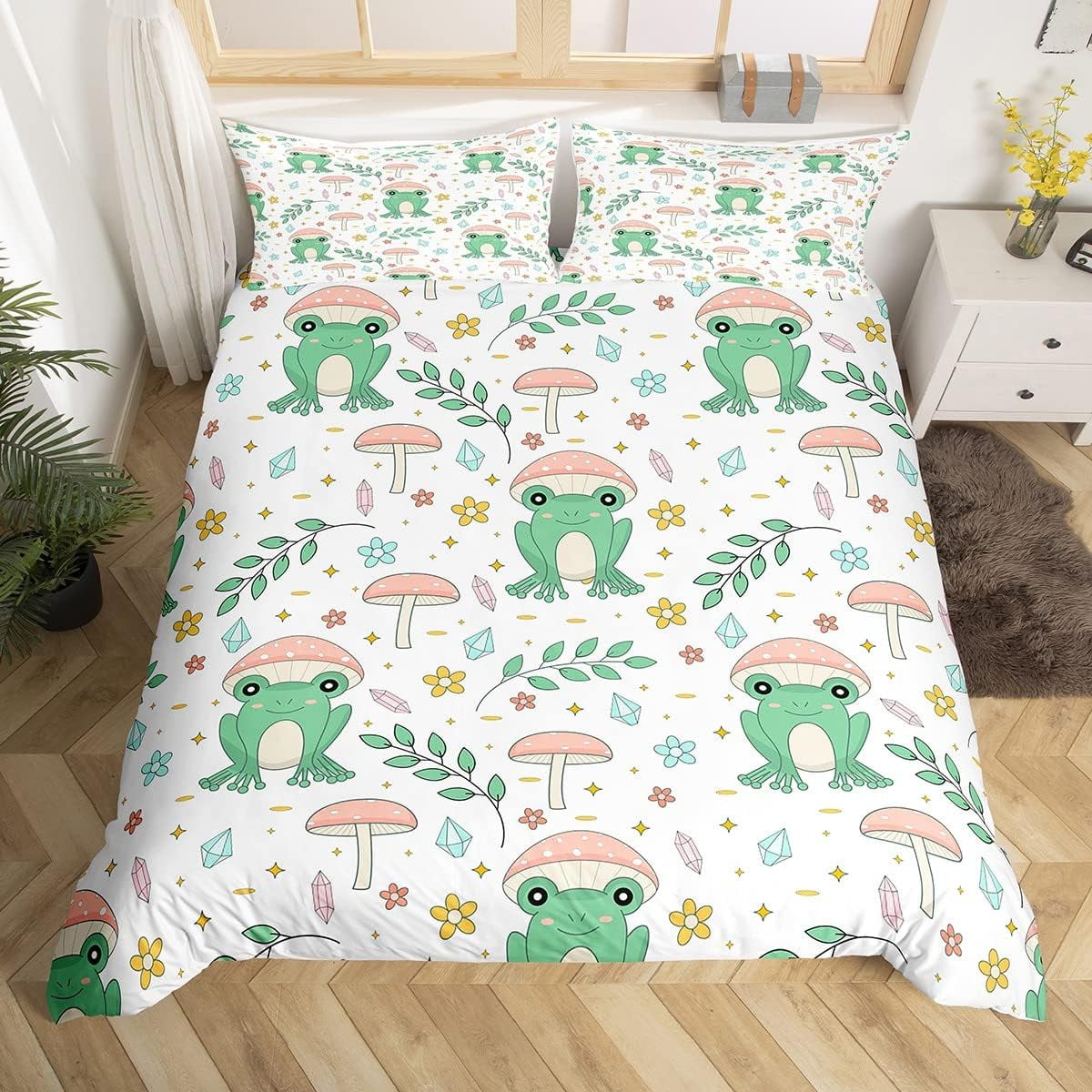 Cute Frog Mushroom Bedding Sets Queen Size Kawaii Pink Mushrooms Tree Frogs Duvet Cover Set For ...