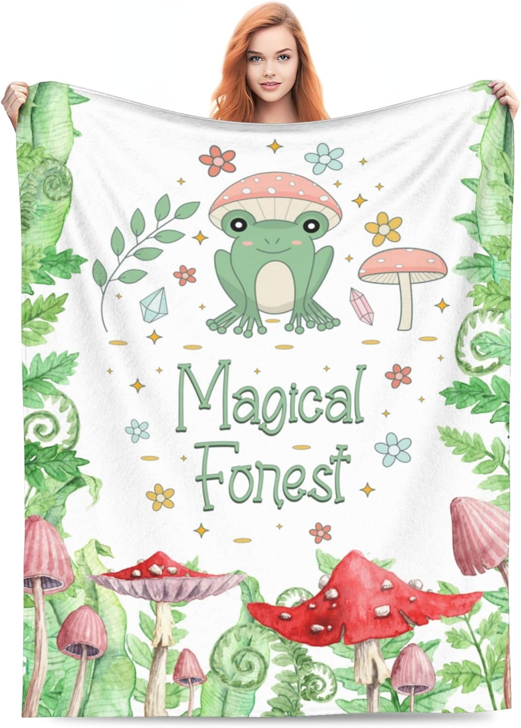 Cute Frog Mushroom Blanket Gifts for Kids Adults Soft Warm Lightweight Cozy Magical Forest Animal Green Throw Blankets for Bed Living Room Sofa Couch Birthday Esthetic Decor 60x80in