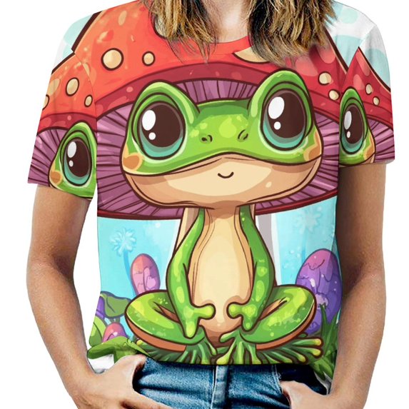 Cute Frog Mushroom Garden-5 Womens Tops Women's Fashion Casual Short Sleeve Flower Print Round Neck Pullover Top Blouse