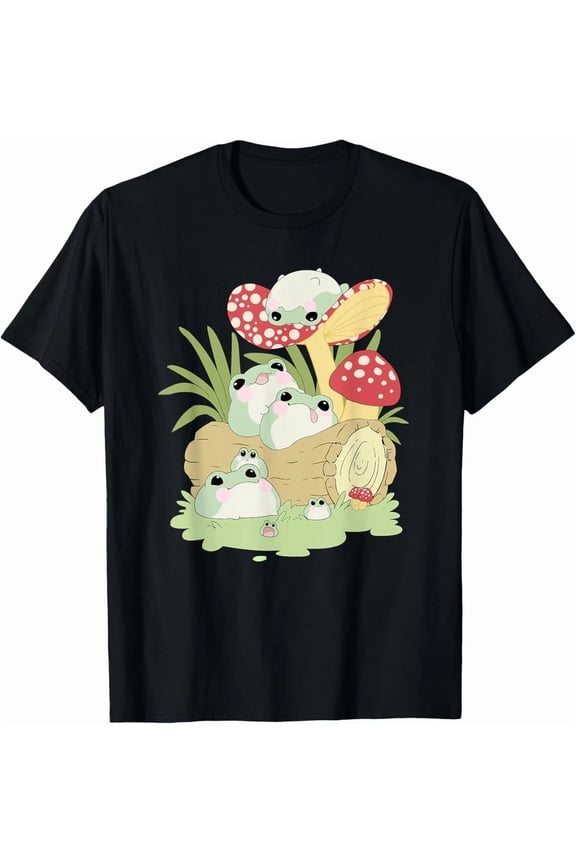 Cute Frog Mushroom Log Kawaii Cottagecore Toad Aesthetic Unisex T-Shirt, Size S-5XL