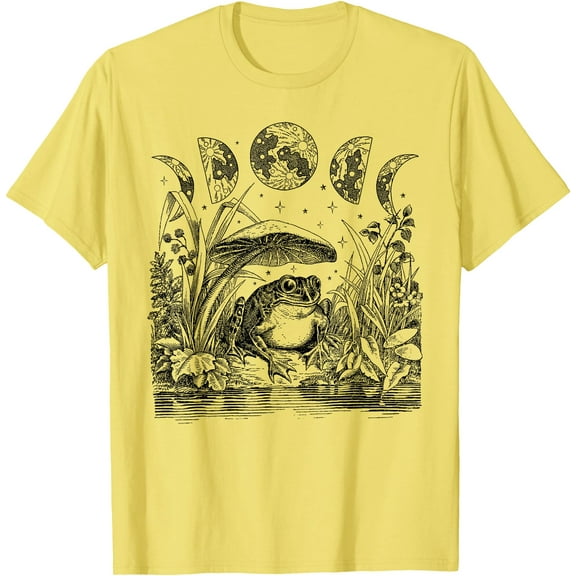 Cute Frog Mushroom Moon Vintage Cottagecore Aesthetic Unisex T-Shirt for Men Women Kids,Cornsilk Color,Size 5XL