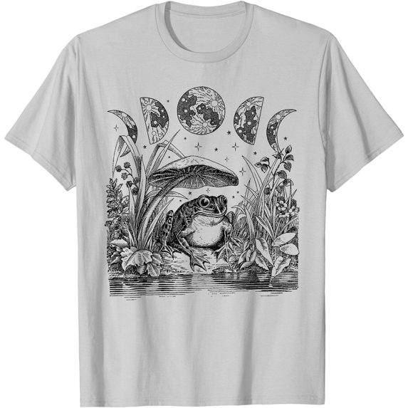 Cute Frog Mushroom Moon Vintage Cottagecore Aesthetic Unisex T-Shirt for Men Women Kids,Ice Grey Color,Size M