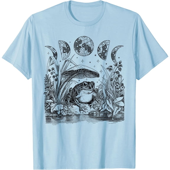 Cute Frog Mushroom Moon Vintage Cottagecore Aesthetic Unisex T-Shirt for Men Women Kids,Light Blue Color,Size YXS