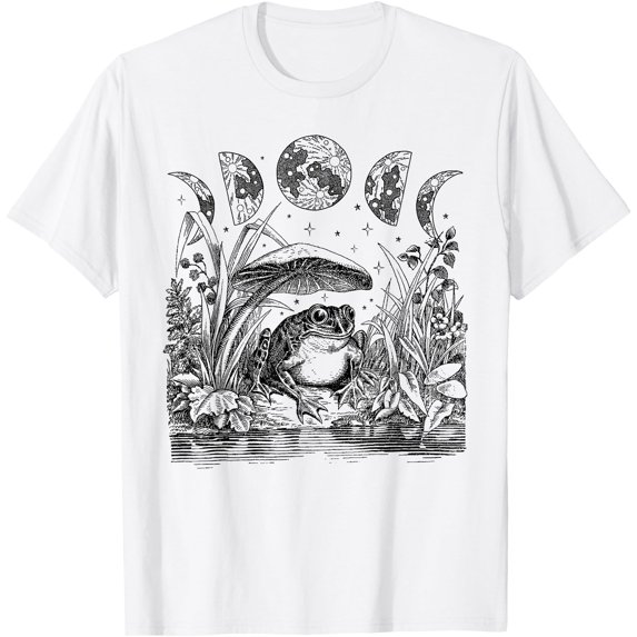Cute Frog Mushroom Moon Vintage Cottagecore Aesthetic Unisex T-Shirt for Men Women Kids
