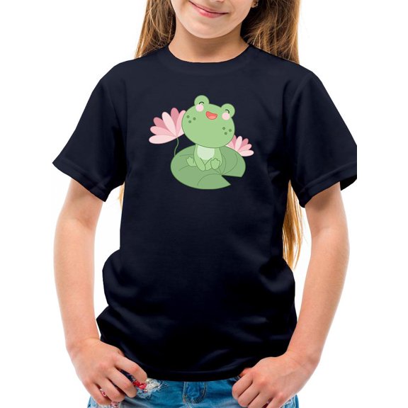 Cute Frog On A Water Lily Leaf T-Shirt Juniors -Image by Shutterstock,  Large