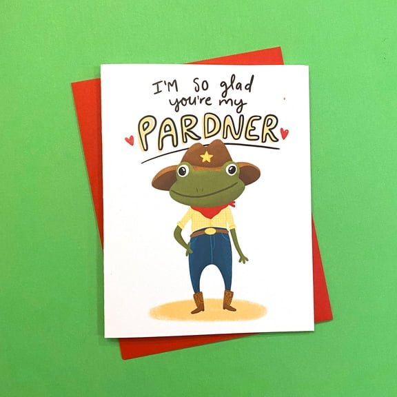 Cute Frog Partner Greeting Card  Im So Glad Youre My Pardner  Fun Cowboy Theme  Blank Inside with Red Envelope  Perfect for Anniversaries, Friendships, and Special Occasions