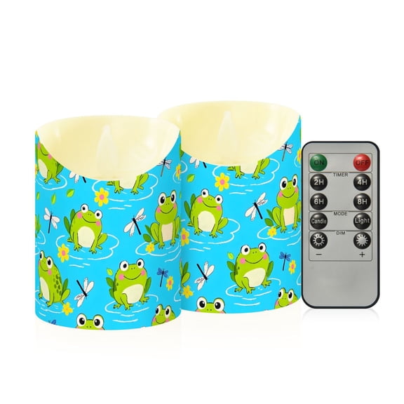 Cute Frog Pattern Flameless Candles 2 PCS with Remote Realistic Moving Flame LED Tapered Pillar Set for Home Decor