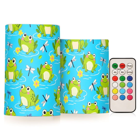Cute Frog Pattern Flameless LED Candle Set with Remote, Battery Operated Color Changing Pillar Candles, Set of 2