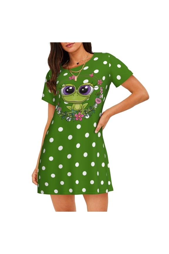 Cute Frog Pattern Women'S Nightgown Sleepwear Short Sleeves Nightshirt Loose Comfy Pajama X-Large