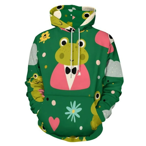 Cute Frog Pattern with Hearts Men's Women Vintage 3D Hooded Sweatshirt - All-Season Loose Fit Streetwear