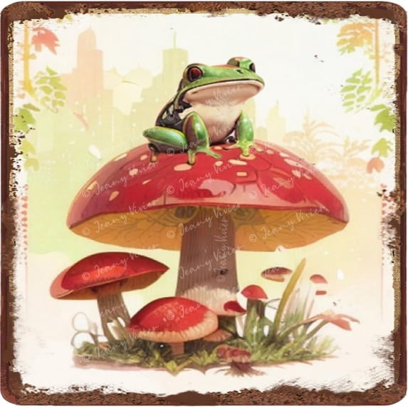 Cute Frog Poster Vintage Metal Sign Frog Gifts for Frog Lovers Vintage Tin Sign Funny Frog Mushroom Wall Decor, Rustic Sign for Bedroom Living Room Cafes Bar 12x12 Inches