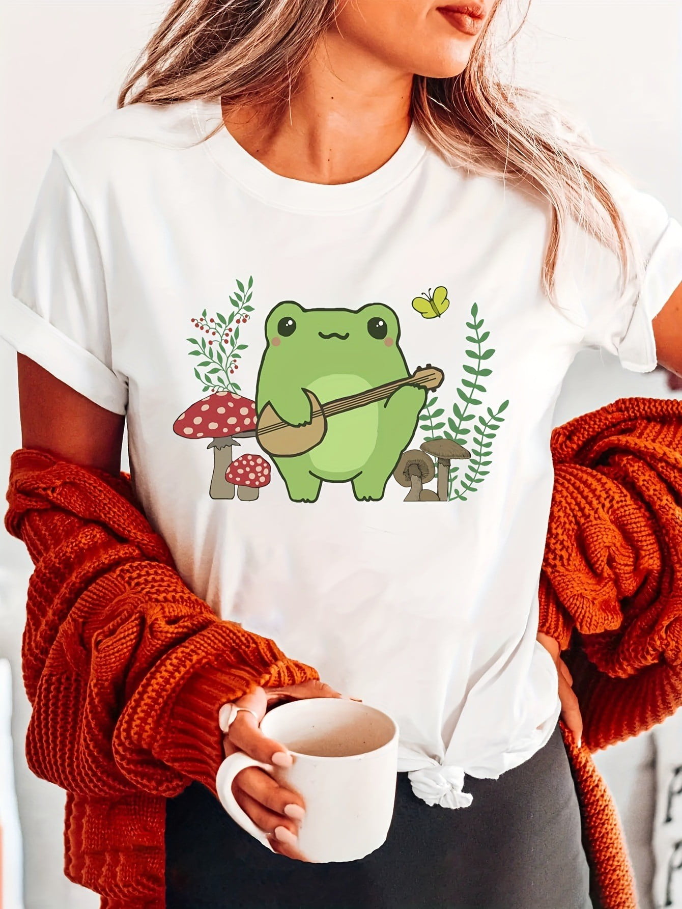 Cute Frog Print Crew Neck Tshirt, Short Sleeve Casual Top For Summer