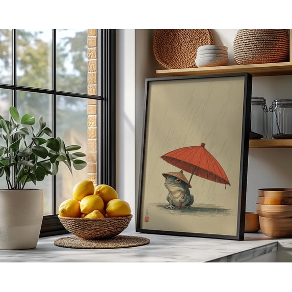 Cute Frog Print, Japanese Style Rainy Day Poster, Quirky Red And ...
