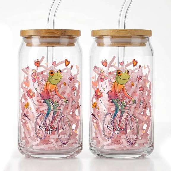 Cute Frog Riding A Bicycle Glass Cups With Straws, Cute Iced Coffee Cup, Glass Cup With Bows, Valentine Glass Cups With Lids And Straws