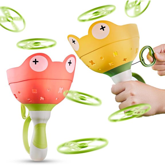 Cute Frog Shaped Pull String Flying Disc Launcher Toy Set,Kids Outdoor Pull & Shoot Flying Saucer Game, Children Air Launch Interactive Toy for Backyard, Garden, P