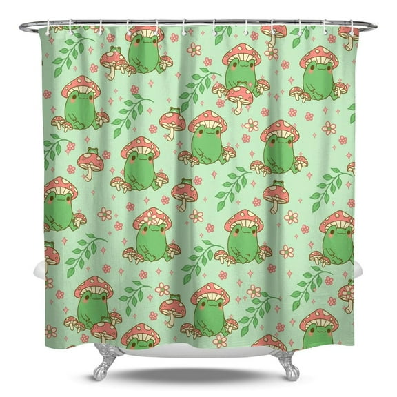 Cute Frog Shower Curtain - Forest Themed Green Frog & Mushroom Design, Premium Waterproof Polyester Bathroom Curtain with Rust-Resistant Grommets, Includes 12 Hooks
