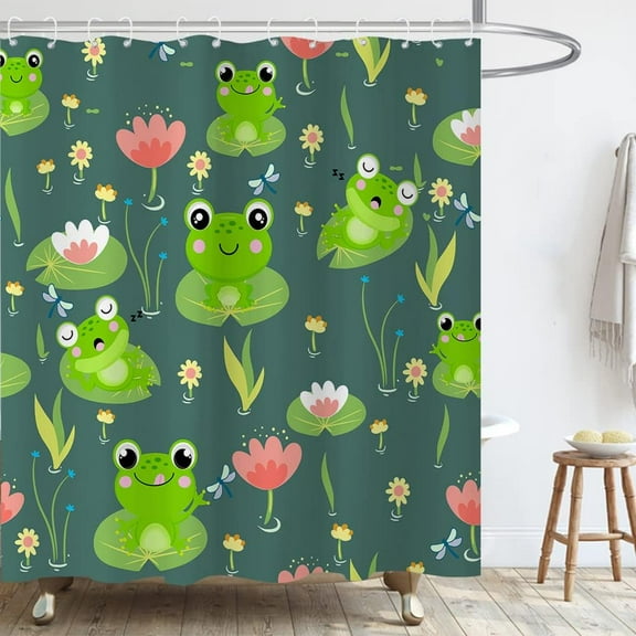 Cute Frog Shower Curtain Lotus Leaf Floral Pond Decorations Shower Curtains Kids Funny Cartoon Frogs Shower Curtain Set for Bathroom with Hooks 72x72 Inch
