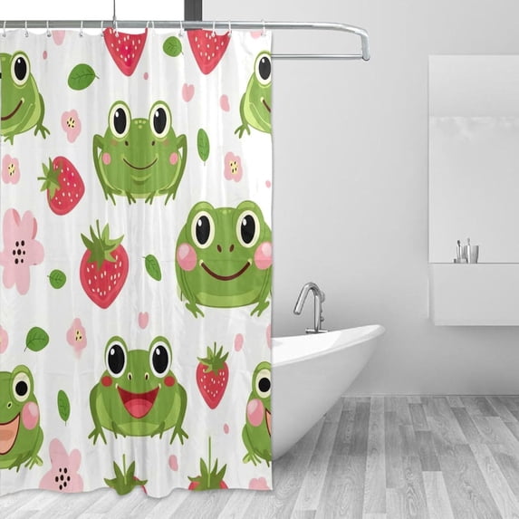 Cute Frog Strawberry Shower Curtain Waterproof Fabric with 12 Hooks Bathroom Decorative Bath Curtain Set Polyester Fabric Machine Washable 60 x 72 Inch