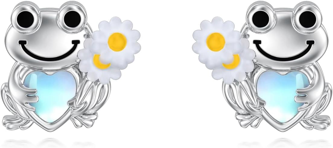 Cute Frog Stud Earrings 925 Sterling Silver Frog Moonstone Earrings Jewelry Gifts for Women