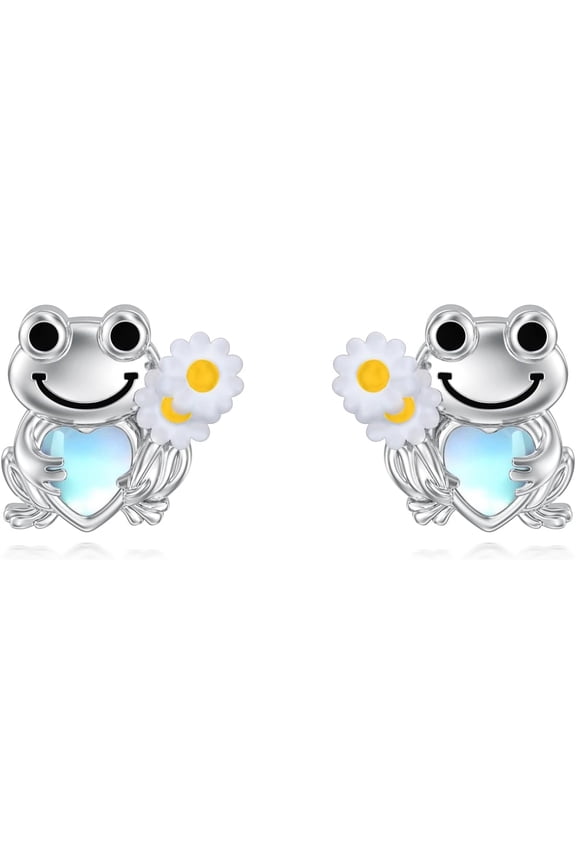Cute Frog Stud Earrings 925 Sterling Silver Frog Moonstone Earrings Jewelry Gifts for Women