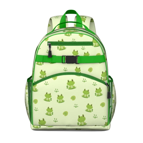Cute Frog Students Backpack with Artistic Green Frog Print, Forest Mushroom Pattern, and Nature Cartoon for s