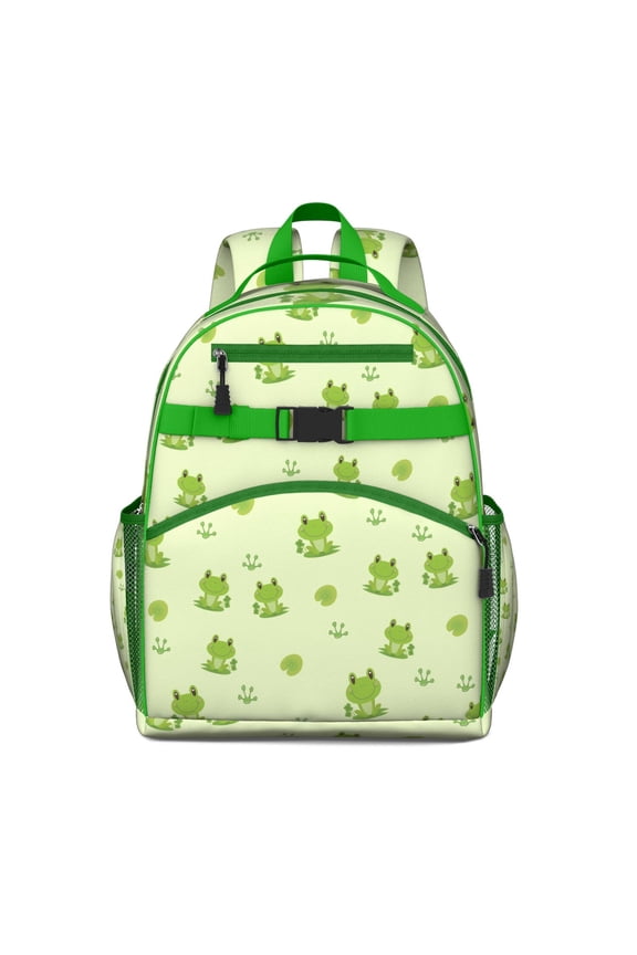 Cute Frog Students Backpack with Artistic Green Frog Print, Forest Mushroom Pattern, and Nature Cartoon for s