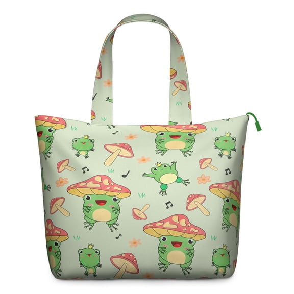 Cute Frog Travel Duffel, Green Frog Cartoon Design Weekender Tote, Mushroom and Plant Pattern Lightweight Multipurpose Carry-on for Short Trips
