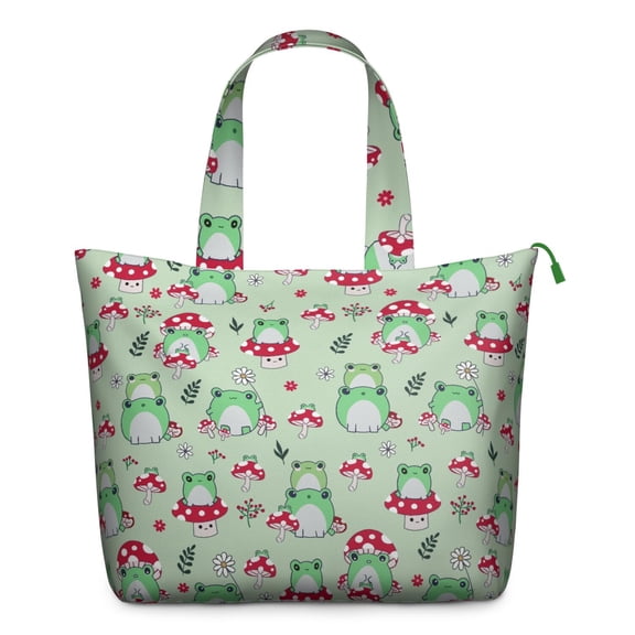 Cute Frog Travel Duffel, Green Frog Cartoon Design Weekender Tote, Mushroom and Plant Pattern Lightweight Multipurpose Carry-on for Short Trips
