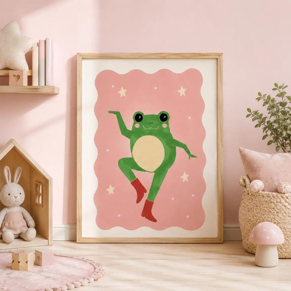 Cute Frog Wall Art For Girls Room Pink Nursery Decor Whimsical Frog Print Cottagecore Bedroom Decor Frog Lover Art, Unframed Paper Print