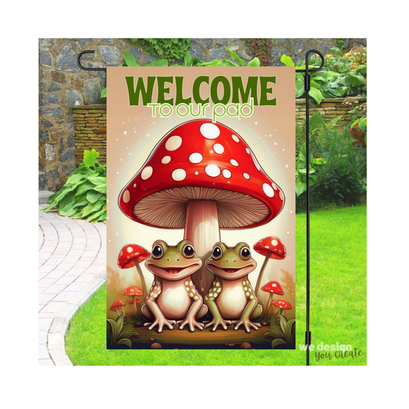 Cute Frog Welcome Flag, Mushroom Garden Decor 28x40 POLE NOT INCLUDED House Flag