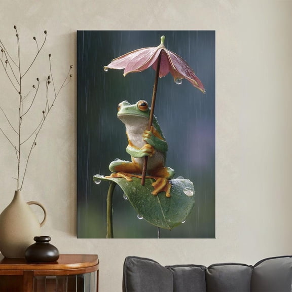 Cute Frog With Umbrella Print Whimsical Animal Wall Art Nature Decor Rainforest Tree Green Nursery Unframed Paper Print